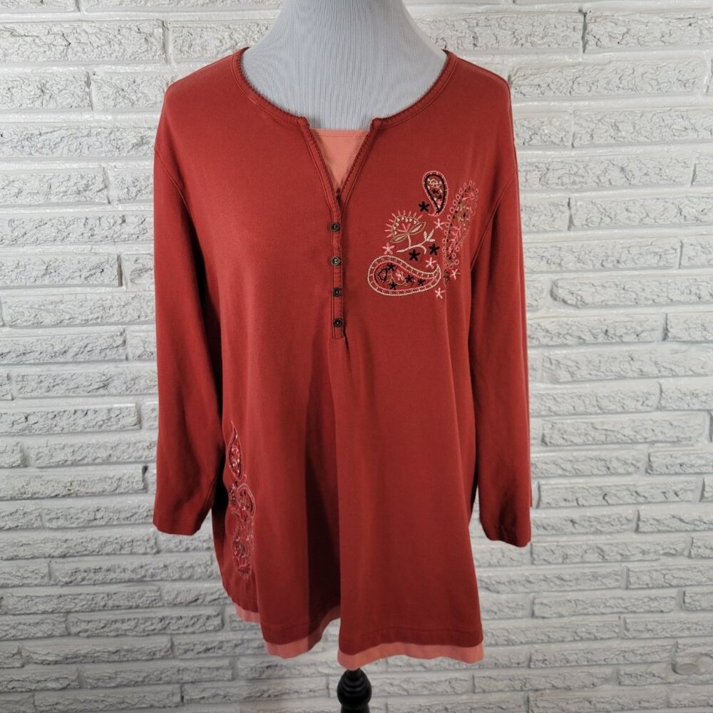 Denim Co QVC 2X Plus Burnt Orange Paisley Top 3/4 Sleeve Blouse Embroider ORA20E